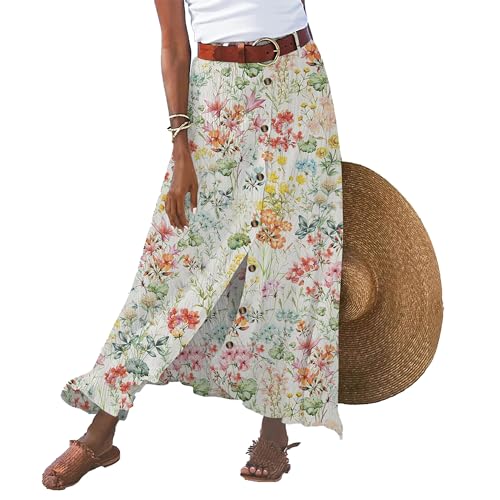 Damen Knöpfen Einfarbige Lange Röcke mit Taschen Slim Sexy Elegant Lockere Maxirock Sommer Casual Bequeme Wrapped Halb Rock (Weiß Grün,XXL) von OULIWANGLUO