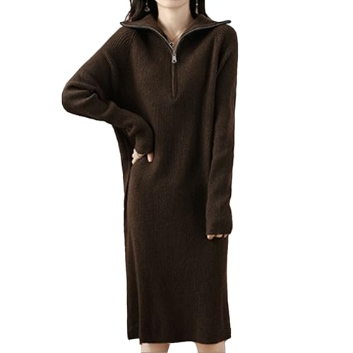 Damen Strickkleid mit Reißverschluss Reverskragen Lockere Wrapped Lässige Pulloverkleid Slim Langarm Herbst Winter Midlangkleid (Braun,L) von OULIWANGLUO