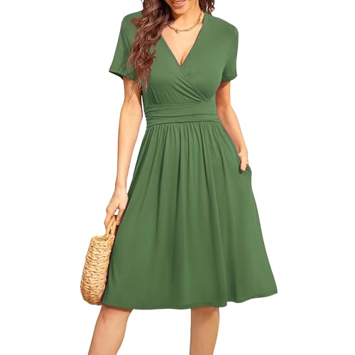 Damen V-Ausschnitt A-Linien Sommerkleid Kurzarm Strandtauglich Mittellanges Kleid Mit Taschen Elegantes Freizeitkleid (Grün,S) von OULIWANGLUO