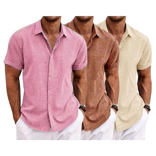 Herren Casual Leinenhemd Hemd Kurzarm Basic Lockere Baumwolle T-Shirt Sommer Sport Freizeithemd in Vielen Pack Erhältlich (RosaRot/RotBra/Aprikose,XXL) von OULIWANGLUO