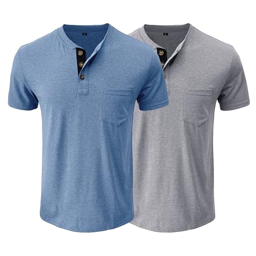 Herren Sport Casual Poloshirt Slim Atmungsaktives T-Shirt mit Taschen Basic Sommer Baumwolle Fit Männer Shirts 2er-Pack (Hellblau/Grau,L) von OULIWANGLUO
