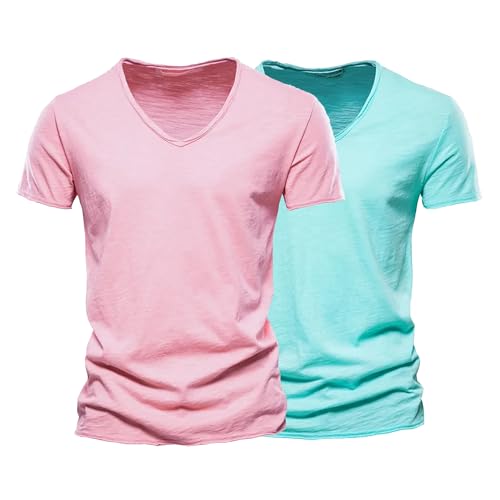 Herren V Ausschnitt Baumwolle T-Shirt Schnelltrocknendes pflegeleichtes Sport Shirt Casual Lockere Poloshirt 2er-Pack (Rosa/Cyan,L) von OULIWANGLUO