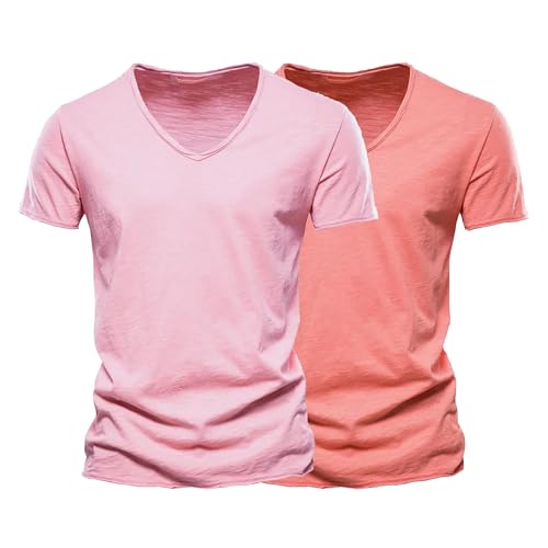 Herren V Ausschnitt Baumwolle T-Shirt Schnelltrocknendes pflegeleichtes Sport Shirt Casual Lockere Poloshirt 2er-Pack (Rosa/Pfirsiche,M) von OULIWANGLUO