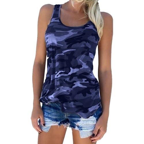 OULIWANGLUO Damen Ärmellose Camouflage Farbe Tank Top Slim Elegant Casual V Ausschnitt Top Basic Sommer Baumwolle Camisole für Frauen (Dunkelblau,S) von OULIWANGLUO