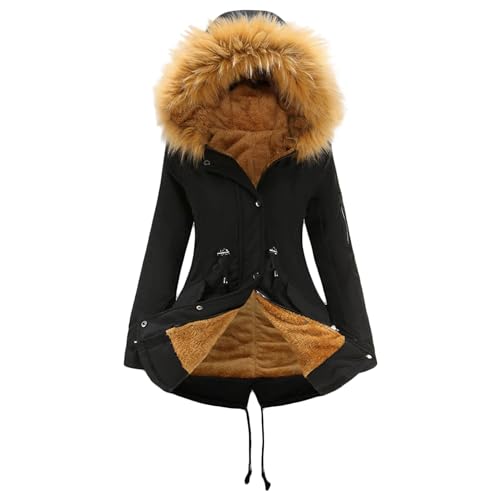 OULIWANGLUO Damen Baumwolle Parka mit Kapuze Winddicht Atmungsaktiv Wintermantel Warmer Plüsch Kragen Mid Lang Winterparka (Gelb,M) von OULIWANGLUO