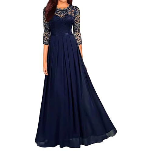 OULIWANGLUO Damen Crew/V Ausschnitt Spitze Lange Abendkleid Chiffon Elegant Hochzeit Cocktailkleid Hochzeitsgäste Partykleid Maxi Kleider (Dunkelblau4,XL) von OULIWANGLUO