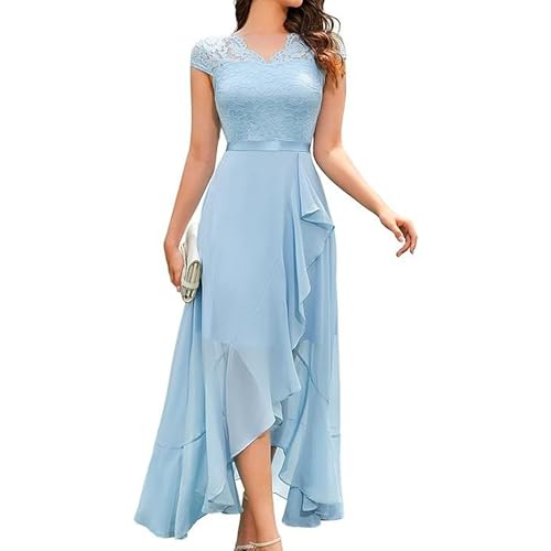 OULIWANGLUO Damen Crew/V Ausschnitt Spitze Lange Abendkleid Chiffon Elegant Hochzeit Cocktailkleid Hochzeitsgäste Partykleid Maxi Kleider (Hellblau7,S) von OULIWANGLUO