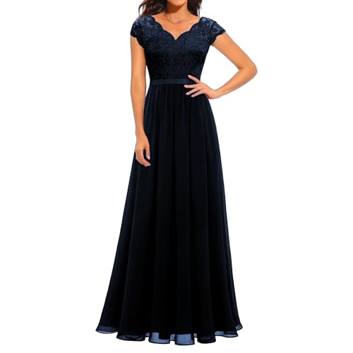 OULIWANGLUO Damen Crew/V Ausschnitt Spitze Lange Abendkleid Chiffon Elegant Hochzeit Cocktailkleid Hochzeitsgäste Partykleid Maxi Kleider (Purpurblau5,XL) von OULIWANGLUO
