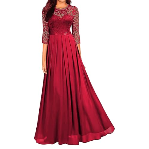 OULIWANGLUO Damen Crew/V Ausschnitt Spitze Lange Abendkleid Chiffon Elegant Hochzeit Cocktailkleid Hochzeitsgäste Partykleid Maxi Kleider (Rot4,M) von OULIWANGLUO