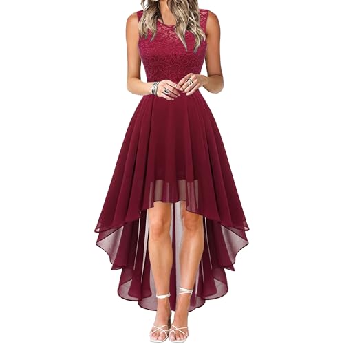 OULIWANGLUO Damen Crew/V Ausschnitt Spitze Lange Abendkleid Chiffon Elegant Hochzeit Cocktailkleid Hochzeitsgäste Partykleid Maxi Kleider (Rotwein3,3XL) von OULIWANGLUO