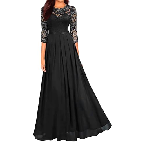 OULIWANGLUO Damen Crew/V Ausschnitt Spitze Lange Abendkleid Chiffon Elegant Hochzeit Cocktailkleid Hochzeitsgäste Partykleid Maxi Kleider (Schwarz4,XL) von OULIWANGLUO