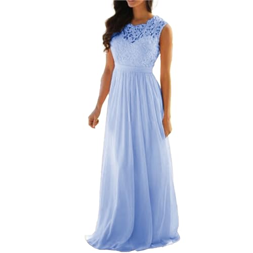 OULIWANGLUO Damen Crew Ausschnitt Spitze Lange Abendkleid Chiffon Elegant Hochzeit Cocktailkleid Hochzeitsgäste Partykleid Maxi Kleider (Blau,S) von OULIWANGLUO