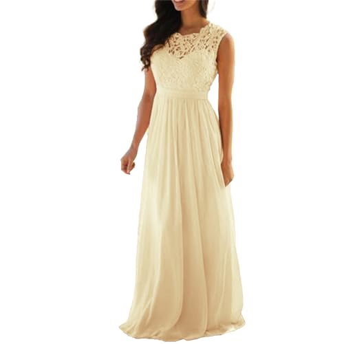 OULIWANGLUO Damen Crew Ausschnitt Spitze Lange Abendkleid Chiffon Elegant Hochzeit Cocktailkleid Hochzeitsgäste Partykleid Maxi Kleider (Hellgelb,XL) von OULIWANGLUO