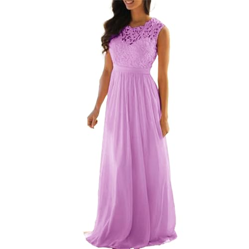 OULIWANGLUO Damen Crew Ausschnitt Spitze Lange Abendkleid Chiffon Elegant Hochzeit Cocktailkleid Hochzeitsgäste Partykleid Maxi Kleider (Lila,M) von OULIWANGLUO