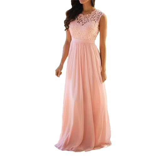 OULIWANGLUO Damen Crew Ausschnitt Spitze Lange Abendkleid Chiffon Elegant Hochzeit Cocktailkleid Hochzeitsgäste Partykleid Maxi Kleider (Rosa,S) von OULIWANGLUO