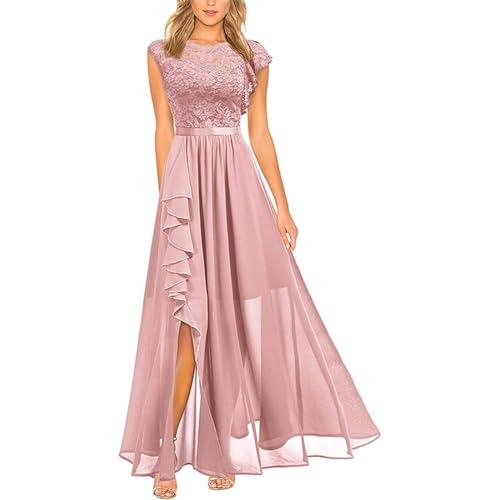 OULIWANGLUO Damen Crew Ausschnitt Spitze Lange Abendkleid Chiffon Elegant Hochzeit Cocktailkleid Hochzeitsgäste Partykleid Maxi Kleider (Rosa2,M) von OULIWANGLUO
