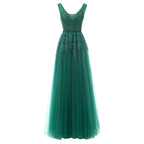 OULIWANGLUO Damen Einfarbige Tüll Lange Abendkleid Slim Elegant Hochzeit Cocktailkleid Hochzeitsgäste Partykleid Maxi Kleider (Grün1,M) von OULIWANGLUO