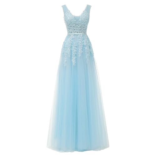 OULIWANGLUO Damen Einfarbige Tüll Lange Abendkleid Slim Elegant Hochzeit Cocktailkleid Hochzeitsgäste Partykleid Maxi Kleider (Hellblau1,M) von OULIWANGLUO