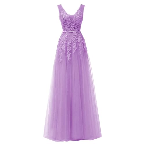 OULIWANGLUO Damen Einfarbige Tüll Lange Abendkleid Slim Elegant Hochzeit Cocktailkleid Hochzeitsgäste Partykleid Maxi Kleider (Lila1,L) von OULIWANGLUO
