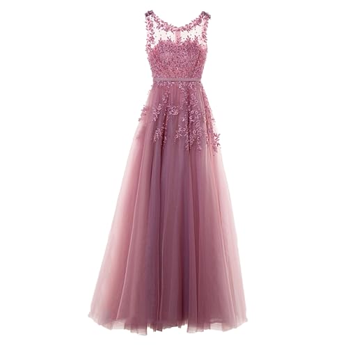 OULIWANGLUO Damen Einfarbige Tüll Lange Abendkleid Slim Elegant Hochzeit Cocktailkleid Hochzeitsgäste Partykleid Maxi Kleider (Rosa Lila,M) von OULIWANGLUO