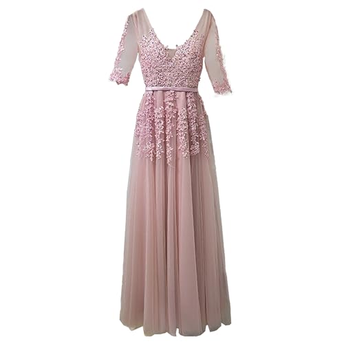 OULIWANGLUO Damen Einfarbige Tüll Lange Abendkleid Slim Elegant Hochzeit Cocktailkleid Hochzeitsgäste Partykleid Maxi Kleider (Rosa2,XL) von OULIWANGLUO