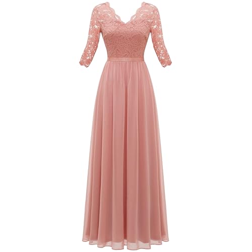 OULIWANGLUO Damen Einfarbige Tüll Lange Abendkleid Slim Elegant Hochzeit Cocktailkleid Hochzeitsgäste Partykleid Maxi Kleider (Rosa3,M) von OULIWANGLUO