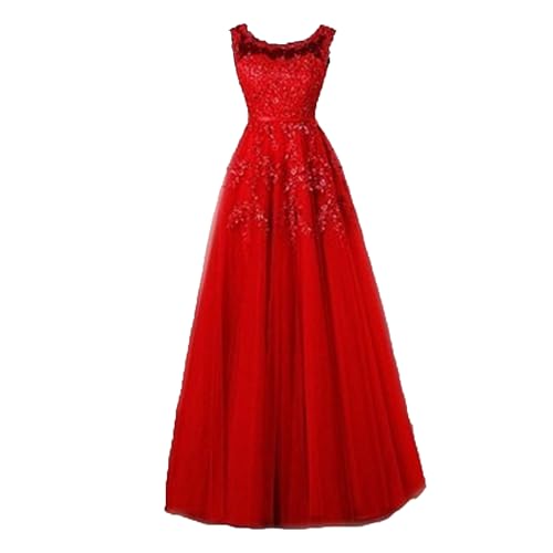 OULIWANGLUO Damen Einfarbige Tüll Lange Abendkleid Slim Elegant Hochzeit Cocktailkleid Hochzeitsgäste Partykleid Maxi Kleider (Rot,L) von OULIWANGLUO