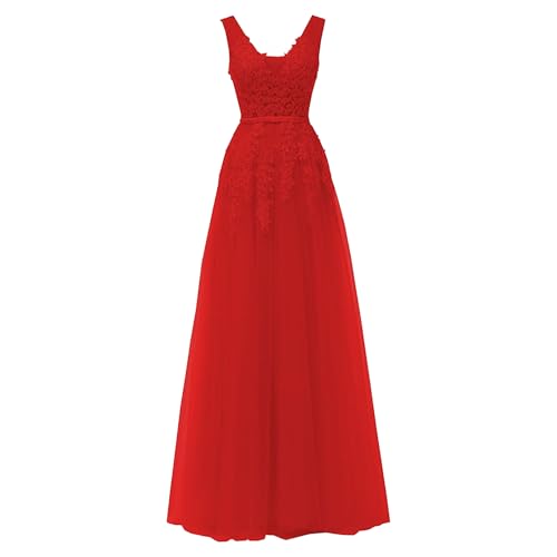 OULIWANGLUO Damen Einfarbige Tüll Lange Abendkleid Slim Elegant Hochzeit Cocktailkleid Hochzeitsgäste Partykleid Maxi Kleider (Rot1,3XL) von OULIWANGLUO