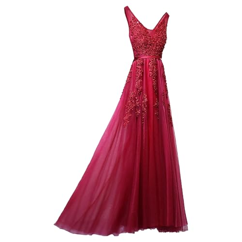 OULIWANGLUO Damen Einfarbige Tüll Lange Abendkleid Slim Elegant Hochzeit Cocktailkleid Hochzeitsgäste Partykleid Maxi Kleider (Rotwein1,XXL) von OULIWANGLUO
