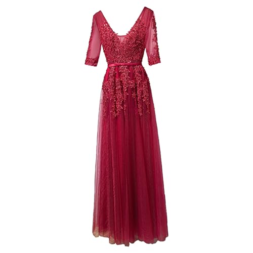 OULIWANGLUO Damen Einfarbige Tüll Lange Abendkleid Slim Elegant Hochzeit Cocktailkleid Hochzeitsgäste Partykleid Maxi Kleider (Rotwein2,XS) von OULIWANGLUO