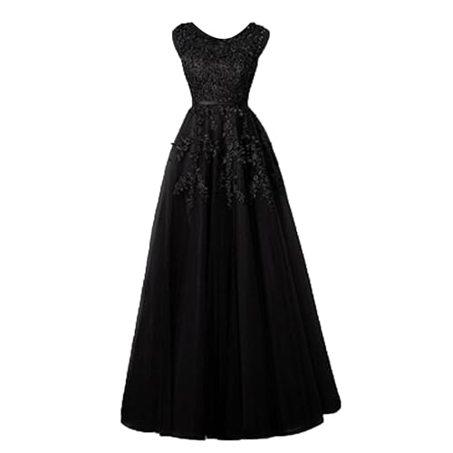 OULIWANGLUO Damen Einfarbige Tüll Lange Abendkleid Slim Elegant Hochzeit Cocktailkleid Hochzeitsgäste Partykleid Maxi Kleider (Schwarz,M) von OULIWANGLUO