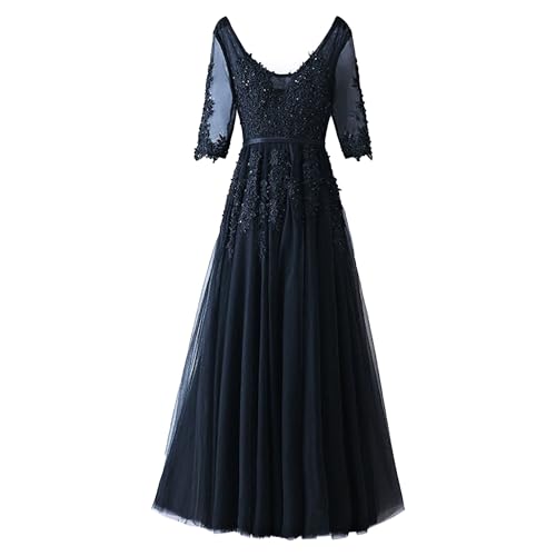 OULIWANGLUO Damen Einfarbige Tüll Lange Abendkleid Slim Elegant Hochzeit Cocktailkleid Hochzeitsgäste Partykleid Maxi Kleider (Schwarz2,M) von OULIWANGLUO
