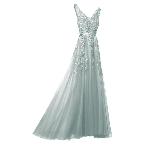 OULIWANGLUO Damen Einfarbige Tüll Lange Abendkleid Slim Elegant Hochzeit Cocktailkleid Hochzeitsgäste Partykleid Maxi Kleider (SilberGrau1,XL) von OULIWANGLUO