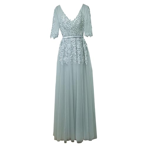 OULIWANGLUO Damen Einfarbige Tüll Lange Abendkleid Slim Elegant Hochzeit Cocktailkleid Hochzeitsgäste Partykleid Maxi Kleider (SilberGrau2,3XL) von OULIWANGLUO