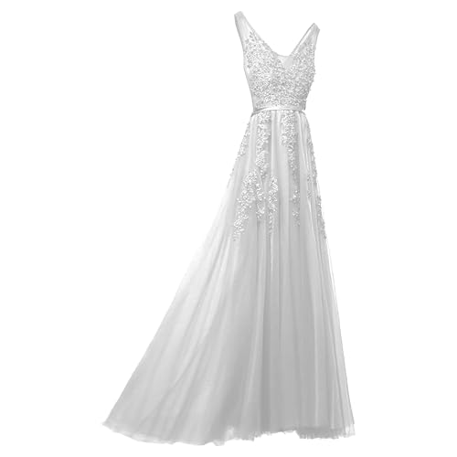 OULIWANGLUO Damen Einfarbige Tüll Lange Abendkleid Slim Elegant Hochzeit Cocktailkleid Hochzeitsgäste Partykleid Maxi Kleider (Weiß1,XXL) von OULIWANGLUO