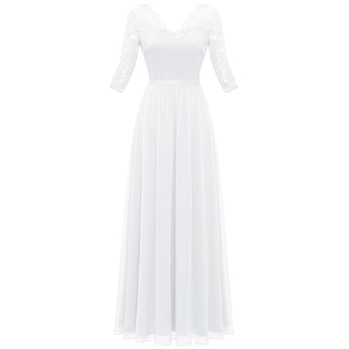 OULIWANGLUO Damen Einfarbige Tüll Lange Abendkleid Slim Elegant Hochzeit Cocktailkleid Hochzeitsgäste Partykleid Maxi Kleider (Weiß3,XL) von OULIWANGLUO
