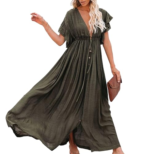 OULIWANGLUO Damen Einfarbige V Ausschnitt Sommerkleid Sommer Musselin Kurze Ärmel Strandkleid Elegant Casual Lockere Urlaub Maxikleid (Dunkelgrau,one Size) von OULIWANGLUO
