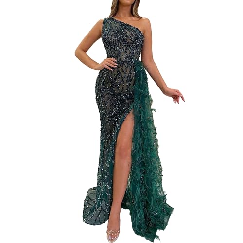 OULIWANGLUO Damen Einschultrig Perlen Lange Abendkleid Slim Hochzeit Cocktailkleid Sexy Elegant Partykleid MaxiKleid (Grün,M) von OULIWANGLUO