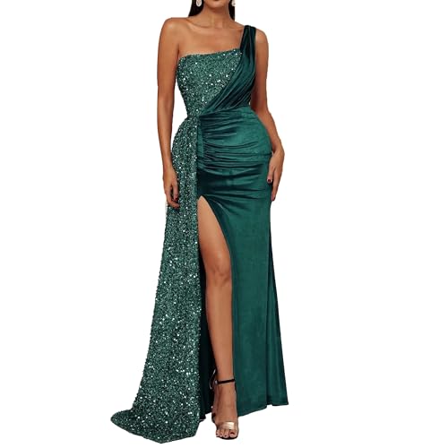 OULIWANGLUO Damen Einschultrig Seitenschlitz Lange Abendkleid Ärmellose Elegant Hochzeit Cocktailkleid Hochzeitsgäste Partykleid Maxi Kleider (Grün,XL) von OULIWANGLUO