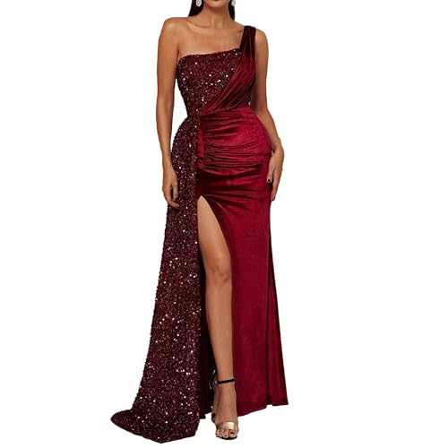 OULIWANGLUO Damen Einschultrig Seitenschlitz Lange Abendkleid Ärmellose Elegant Hochzeit Cocktailkleid Hochzeitsgäste Partykleid Maxi Kleider (Rot,XXL) von OULIWANGLUO
