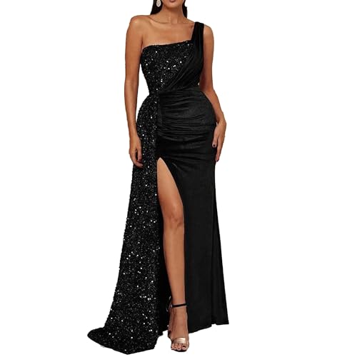 OULIWANGLUO Damen Einschultrig Seitenschlitz Lange Abendkleid Ärmellose Elegant Hochzeit Cocktailkleid Hochzeitsgäste Partykleid Maxi Kleider (Schwarz,XXL) von OULIWANGLUO