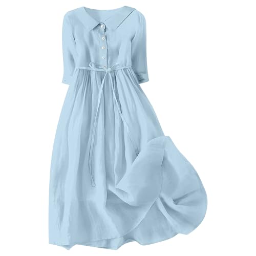 OULIWANGLUO Damen Elegant Baumwoll-Leinen Sommerkleid Kurzarm Freizeitkleid mit Klassischem Kragen und Tailleband lockerer Stil sommerliche Leichtigkeit (Hellblau,4XL) von OULIWANGLUO