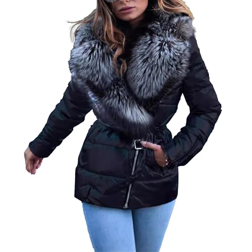 OULIWANGLUO Damen Fell Kragen Daunenjacke Glitzer Warm Wintermantel Lässige Winterjacke mit Winddicht Wasserdicht (Schwarz,XL) von OULIWANGLUO