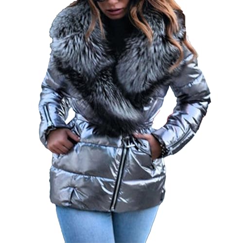 OULIWANGLUO Damen Fell Kragen Daunenjacke Glitzer Warm Wintermantel Lässige Winterjacke mit Winddicht Wasserdicht (Silber,S) von OULIWANGLUO