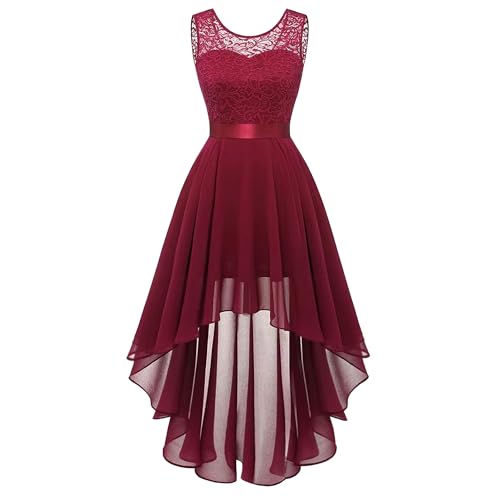 OULIWANGLUO Damen Große Saum Abendkleid mit Festlich Chiffon Spitze Lange Cocktailkleid Slim Sexy Patchwork Partykleid (Rotwein,XS) von OULIWANGLUO