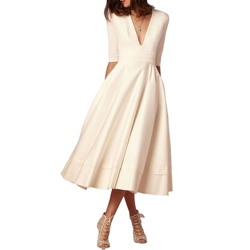OULIWANGLUO Damen HalfÄrmeln Tiefe V Mid Lang Abendkleid Große Saum Elegant Hochzeit Cocktailkleid Hochzeitsgast Partykleid MaxiKleid (Cremeweiß,L) von OULIWANGLUO