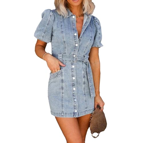 Damen Knöpfen Kurze Denim Sommerkleid Slim Tunika Casual Sommer Denimkleid Elegant Bequeme Lockere Freizeitkleid (Grau Blau,S) von OULIWANGLUO