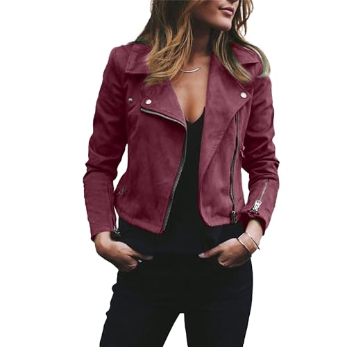 OULIWANGLUO Damen Kurze Leichte Lederjacke Reverskragen Slim Kunstlederjacke Bikerjacke für Frühling und Sommer (Rot,L) von OULIWANGLUO