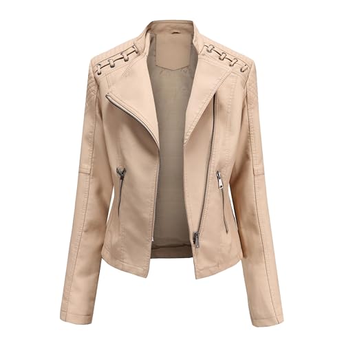 OULIWANGLUO Damen Kurze Leichte Lederjacke Reverskragen Slim Kunstlederjacke Frühling Sommer Herbst Bikerjacke (Aprikose,XXL) von OULIWANGLUO