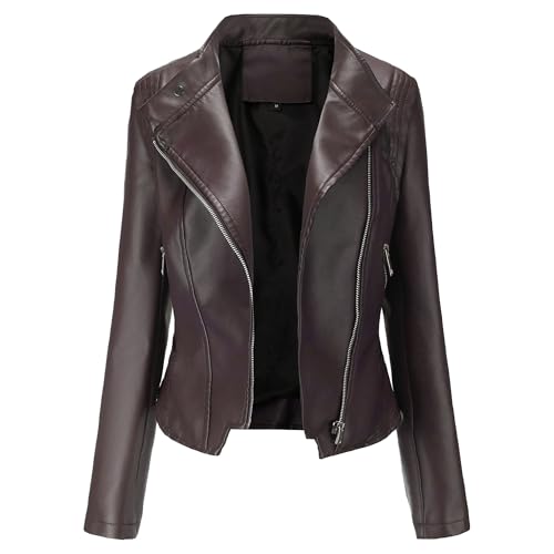 OULIWANGLUO Damen Kurze Leichte Lederjacke Reverskragen Slim Kunstlederjacke Frühling Sommer Herbst Bikerjacke (Braun2,L) von OULIWANGLUO